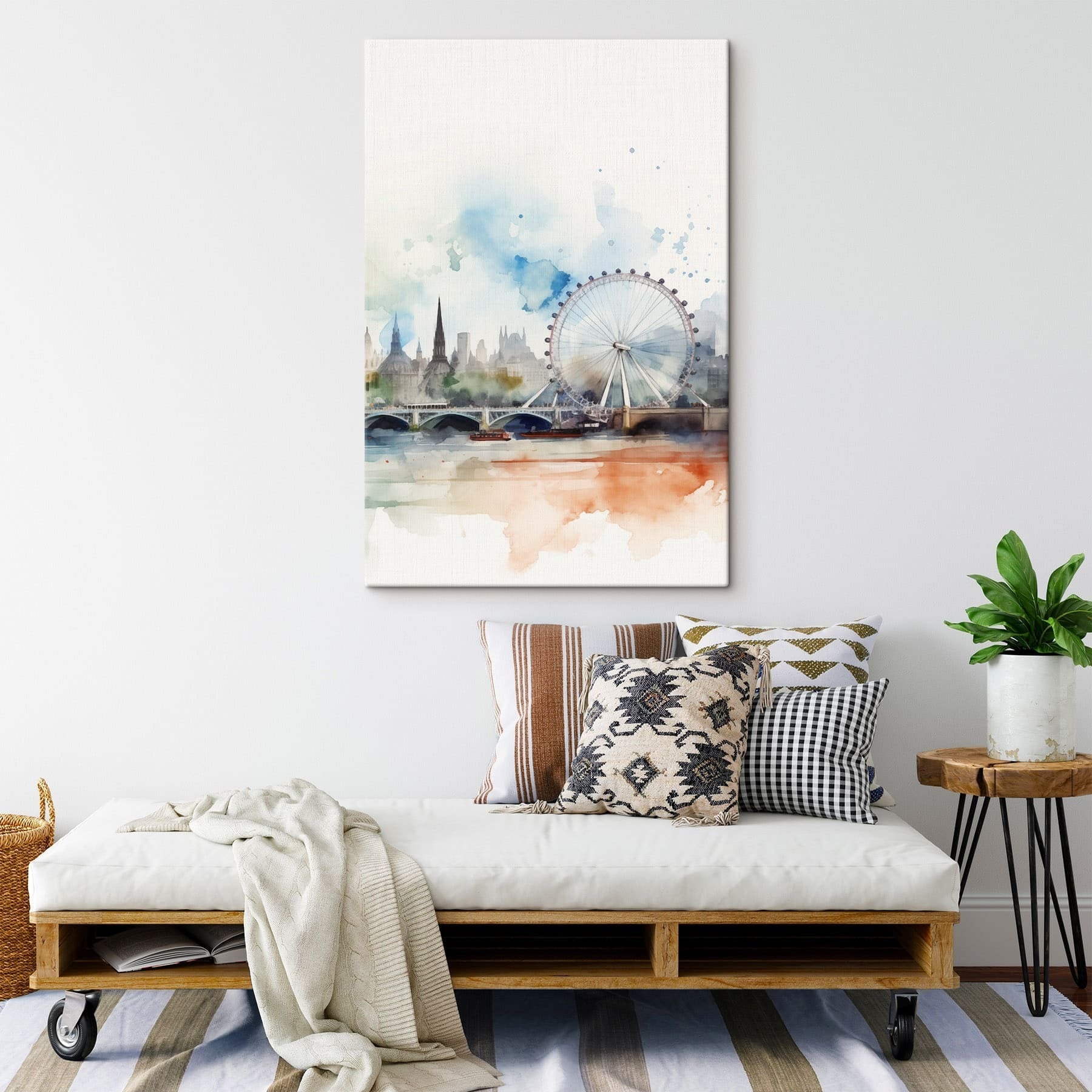 Watercolor of a city with a ferris wheel and a bridge
