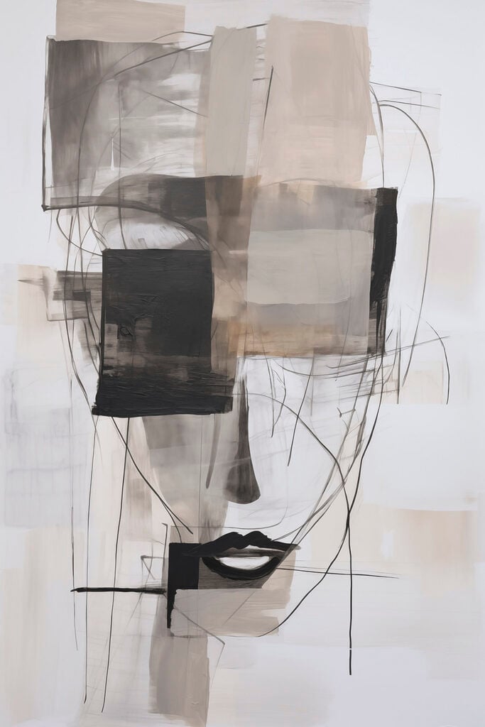 Painting of a face with black and white squares and lines