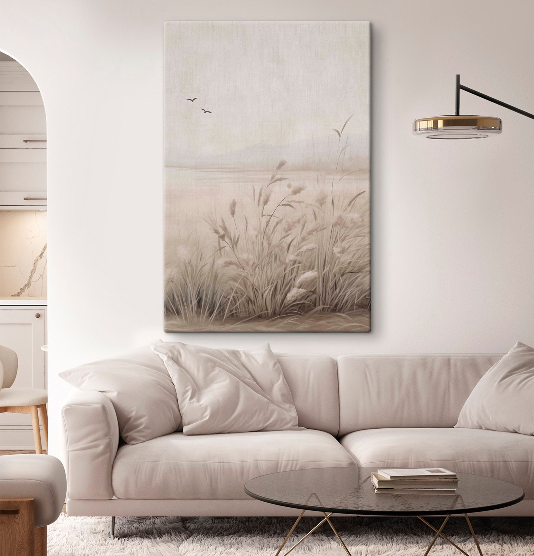 Painting of a field of grass and birds flying in the sky