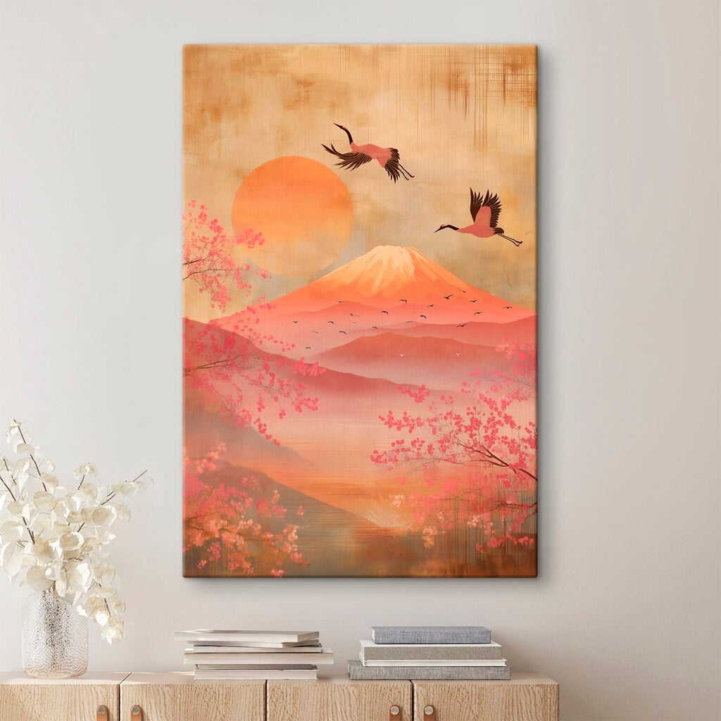 Painting of a mountain with a bird flying over it