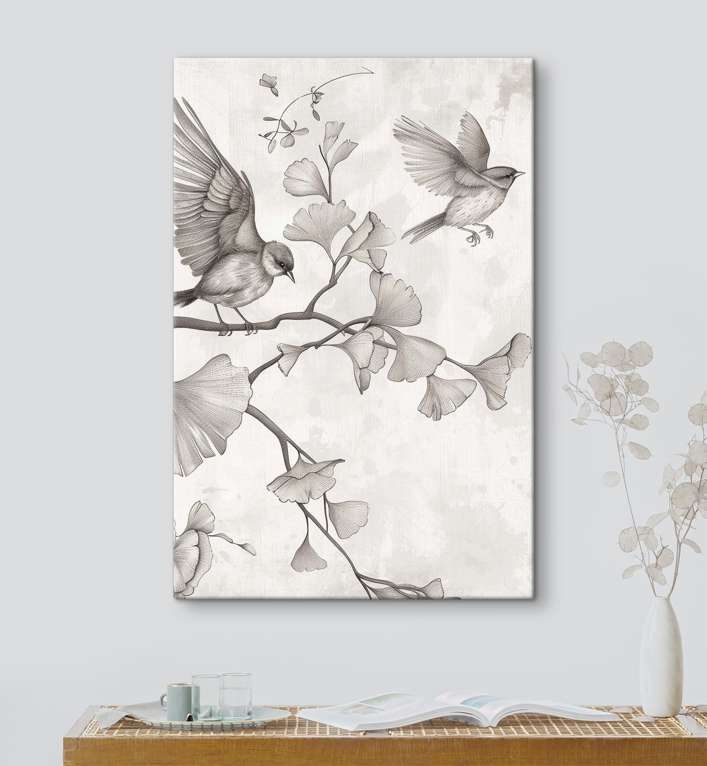 Birds on a branch with leaves