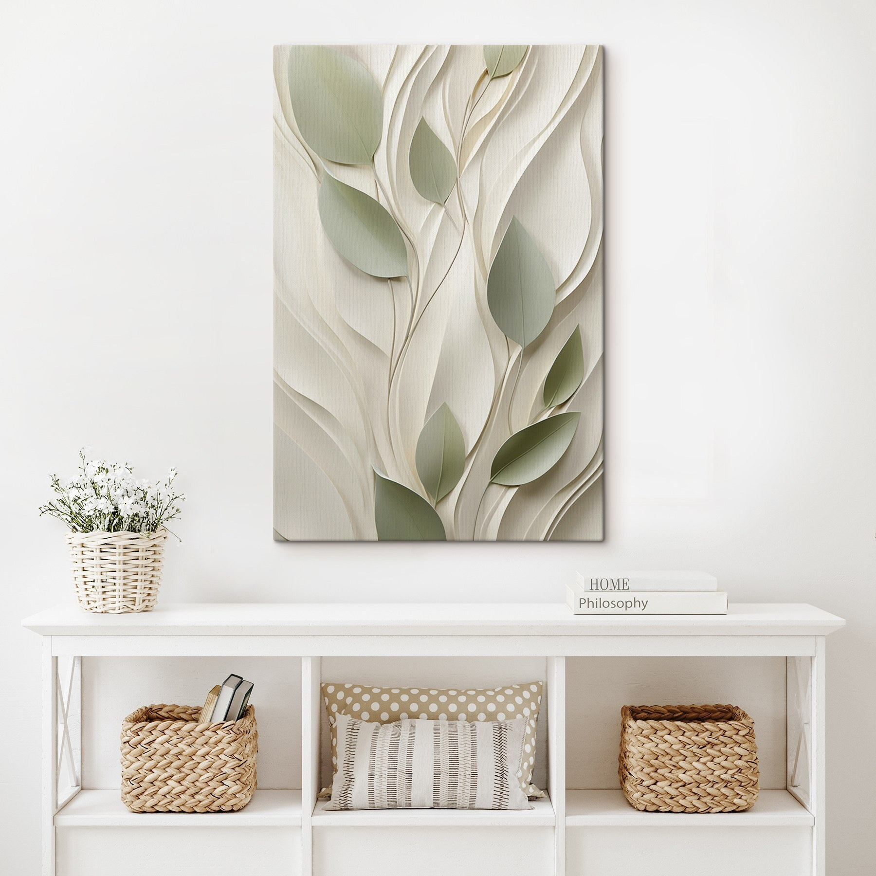 White and green paper cutout with leaves
