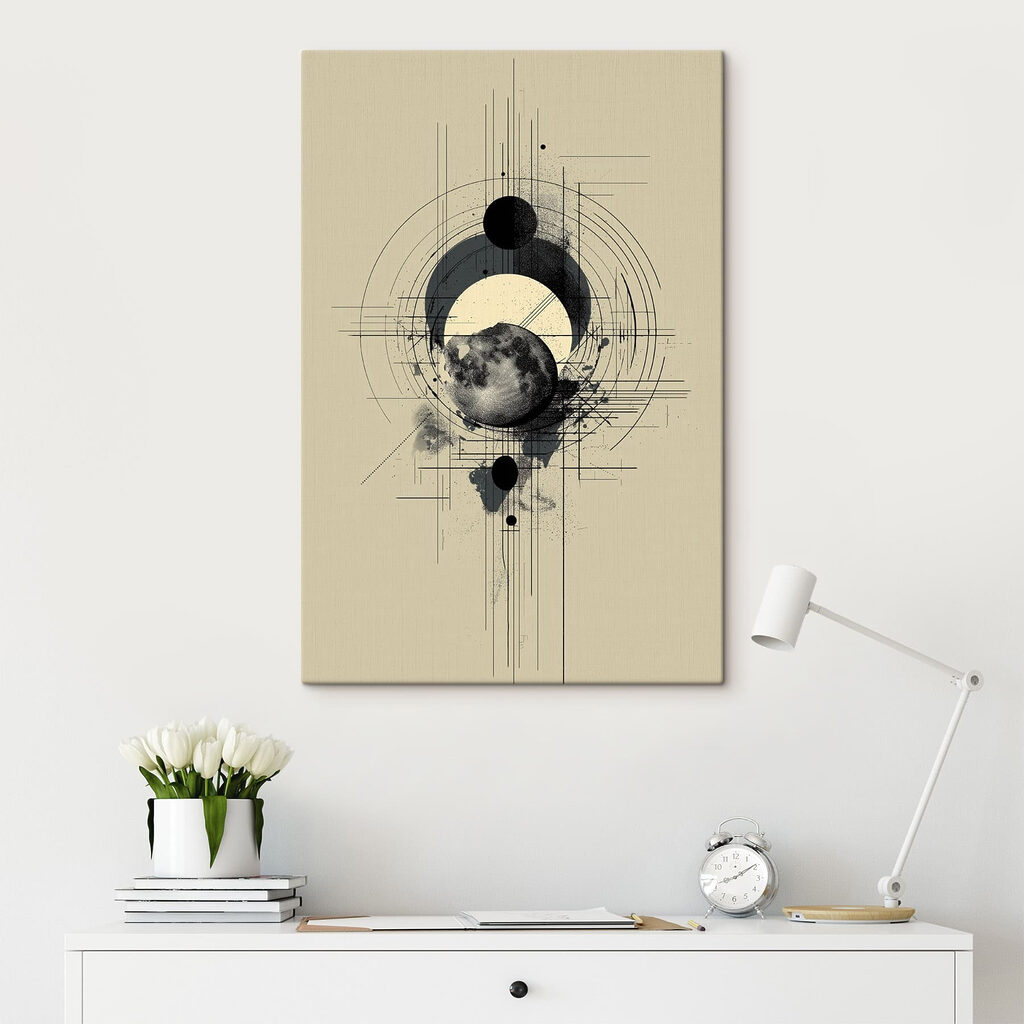 Black and white drawing of a moon and circles