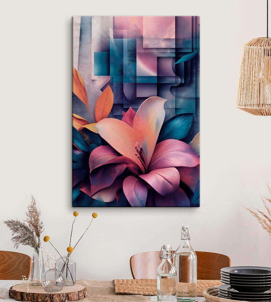 Vibrant blooms amidst abstract shapes