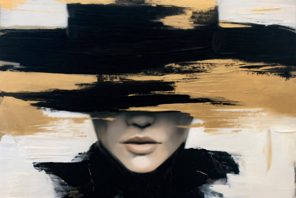 Painting of a woman with a hat over her eyes