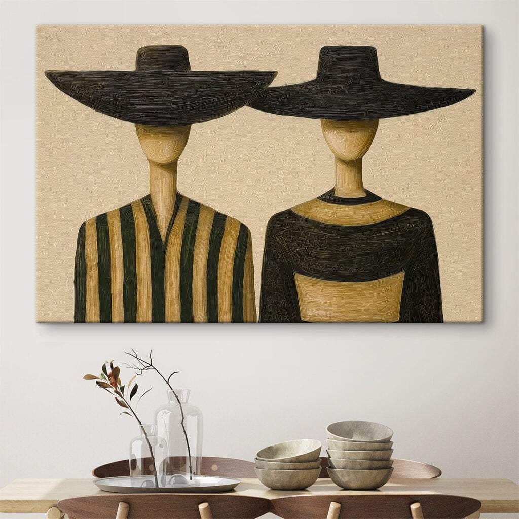 Couple of wooden mannequins wearing hats