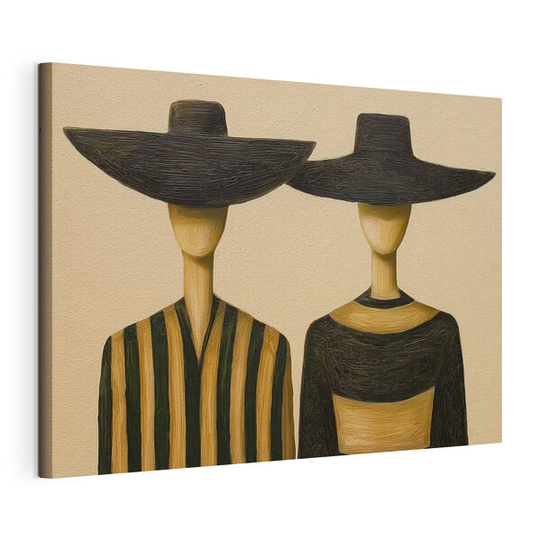 Couple of wooden mannequins wearing hats
