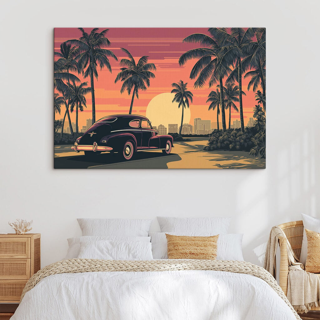 Car parked on a road with palm trees and a city in the background