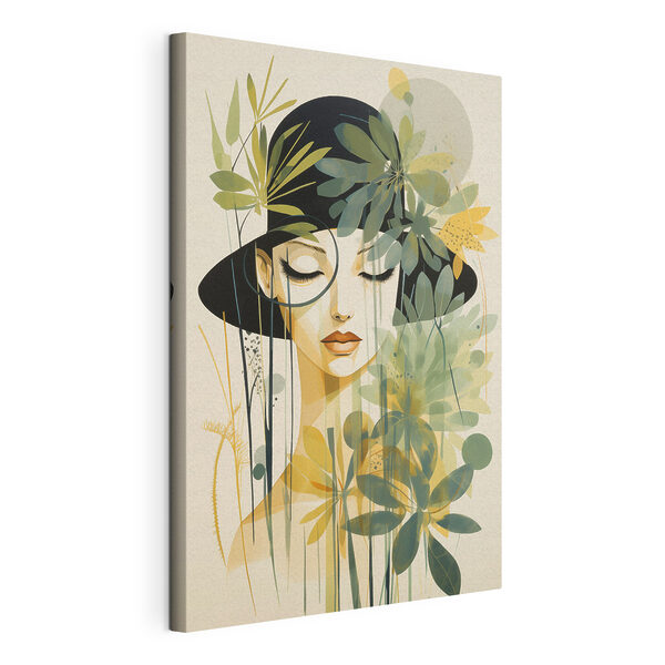 Woman with black hat and green leaves